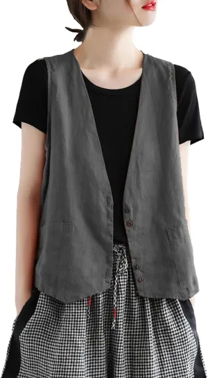 Bozanly Women's Sleeveless Button Down Vest Casual V Neck Cotton Linen Blazer Jacket with Pockets