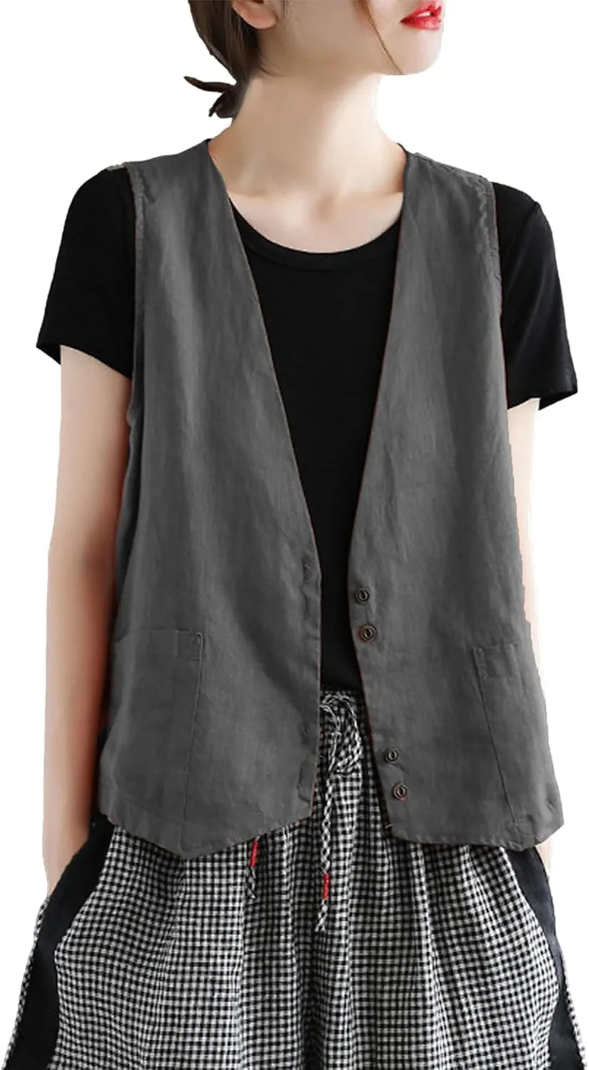 Bozanly Women's Sleeveless Button Down Vest Casual V Neck Cotton Linen Blazer Jacket with Pockets