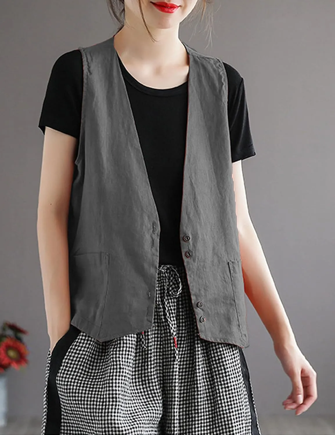 Bozanly Women's Sleeveless Button Down Vest Casual V Neck Cotton Linen Blazer Jacket with Pockets