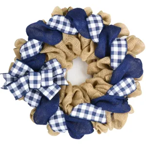Buffalo Check Burlap Front Door Wreath - Navy Blue White Everyday Year Round Decor - Gift for Mom