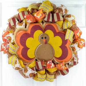 Burlap Thanksgiving Turkey Wreath - Fall Deco Mesh Wreath -