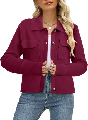 BZB Women Long Sleeve Sweater Cardigan Collared Button Up Open Front Cropped Knit Jackets with Pockets