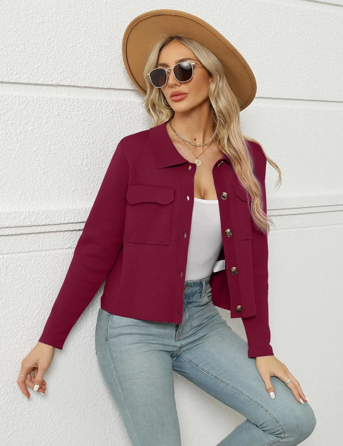 BZB Women Long Sleeve Sweater Cardigan Collared Button Up Open Front Cropped Knit Jackets with Pockets
