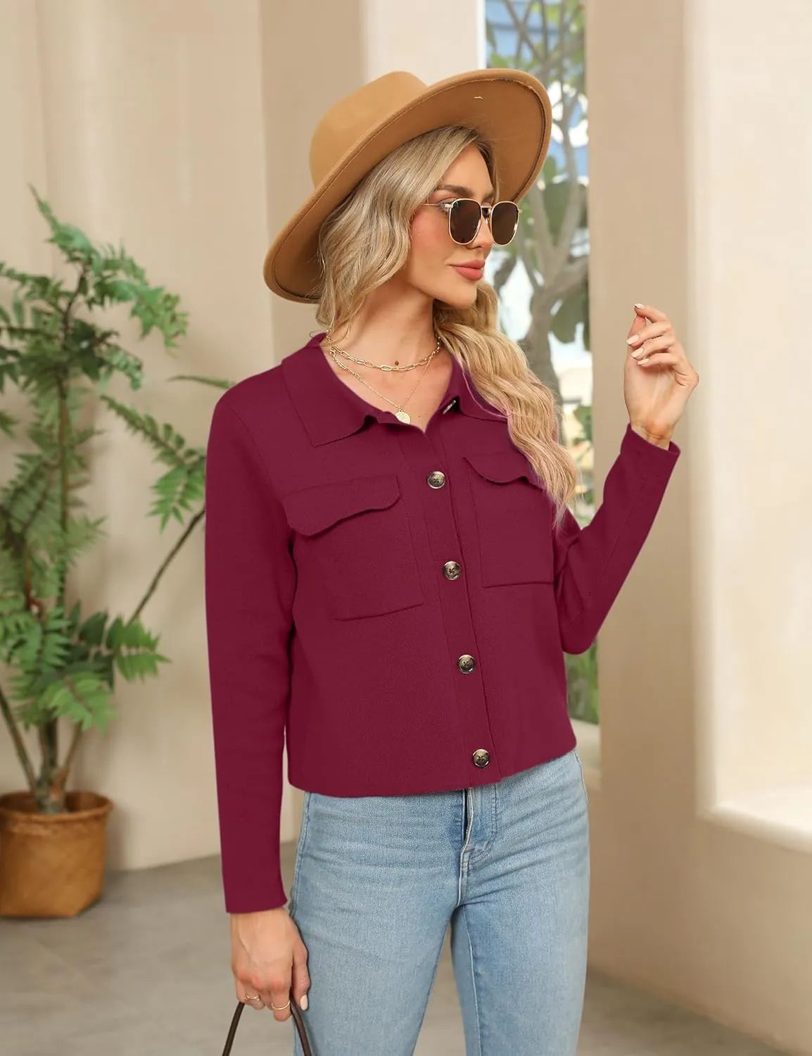 BZB Women Long Sleeve Sweater Cardigan Collared Button Up Open Front Cropped Knit Jackets with Pockets