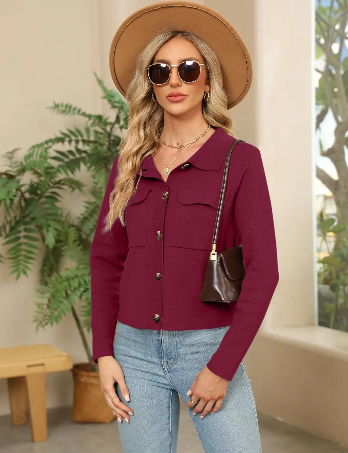 BZB Women Long Sleeve Sweater Cardigan Collared Button Up Open Front Cropped Knit Jackets with Pockets