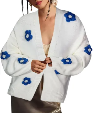 Cakulo Womens 2024 Cardigan Sweaters Fall Oversized Chunky 3D Flower Open Front Knit Cardigans Trendy