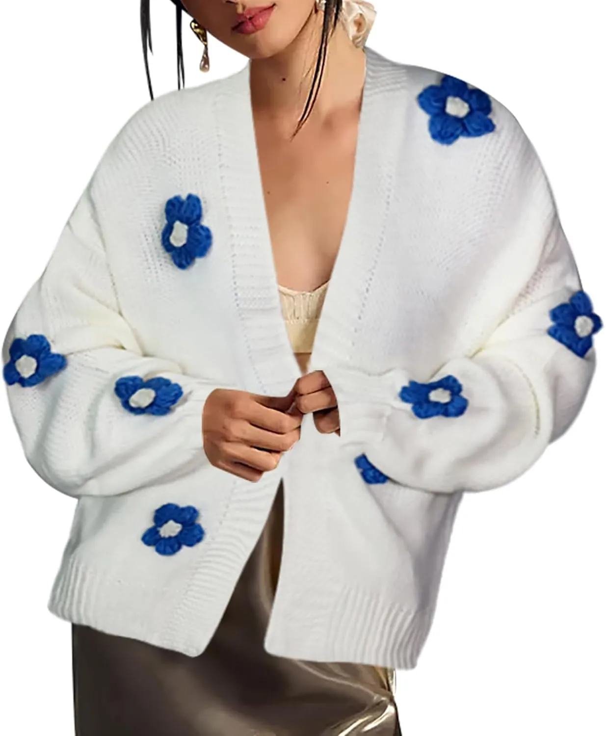Cakulo Womens 2024 Cardigan Sweaters Fall Oversized Chunky 3D Flower Open Front Knit Cardigans Trendy