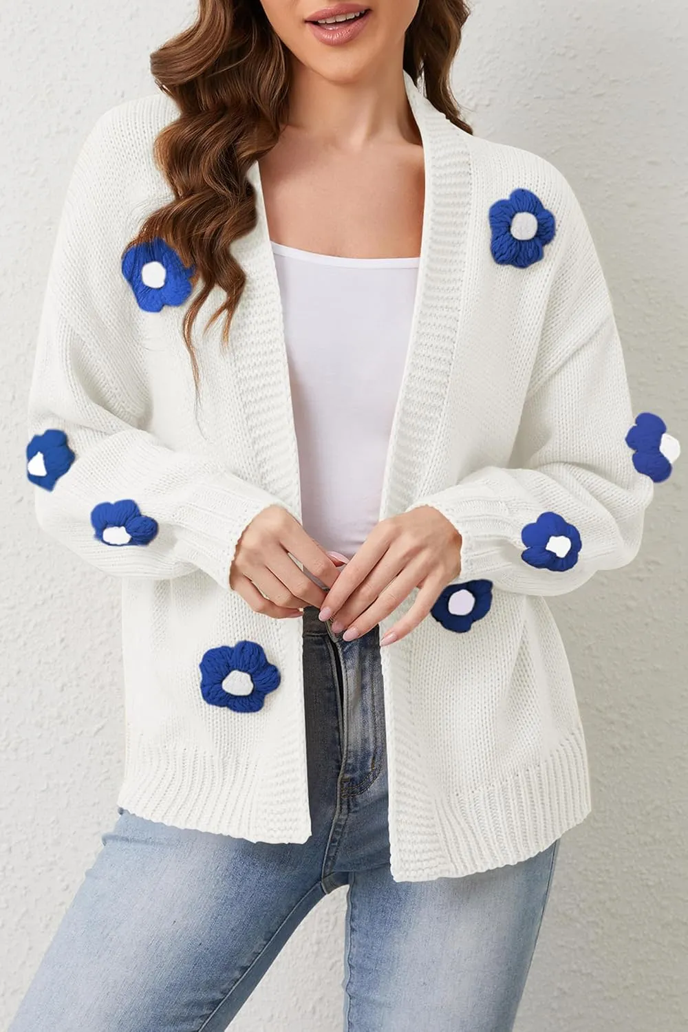 Cakulo Womens 2024 Cardigan Sweaters Fall Oversized Chunky 3D Flower Open Front Knit Cardigans Trendy