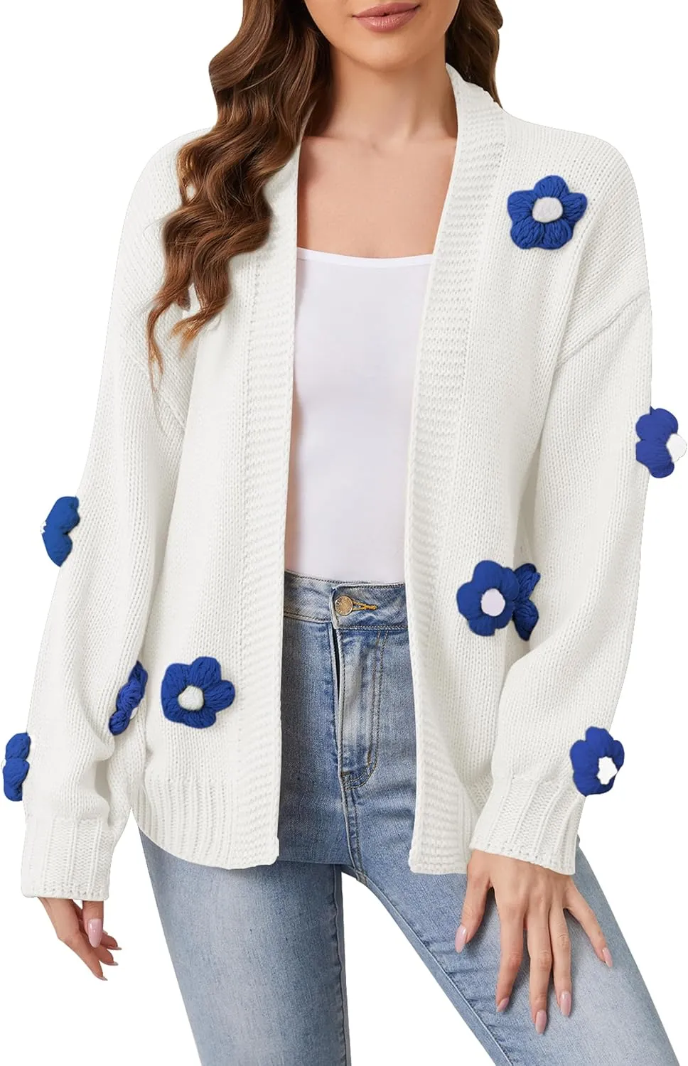 Cakulo Womens 2024 Cardigan Sweaters Fall Oversized Chunky 3D Flower Open Front Knit Cardigans Trendy