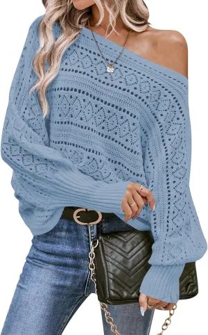 Cakulo Womens Off The Shoulder Sweater Top Fall 2025 Oversized Knit Batwing Long Sleeve Crochet Pullover Sweaters