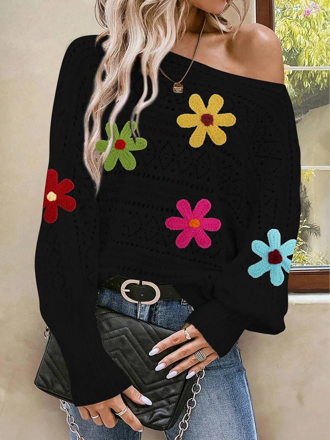Cakulo Womens Off The Shoulder Sweater Top Fall 2025 Oversized Knit Batwing Long Sleeve Crochet Pullover Sweaters