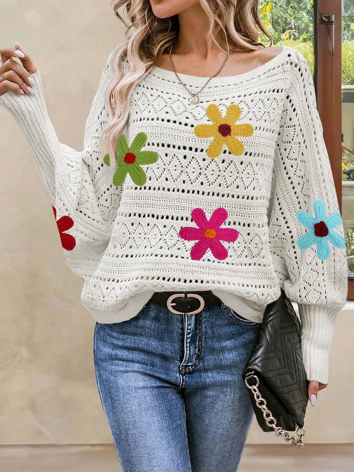 Cakulo Womens Off The Shoulder Sweater Top Fall 2025 Oversized Knit Batwing Long Sleeve Crochet Pullover Sweaters