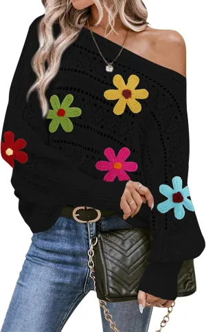 Cakulo Womens Off The Shoulder Sweater Top Fall 2025 Oversized Knit Batwing Long Sleeve Crochet Pullover Sweaters