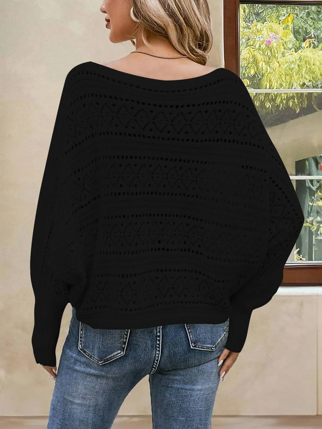 Cakulo Womens Off The Shoulder Sweater Top Fall 2025 Oversized Knit Batwing Long Sleeve Crochet Pullover Sweaters