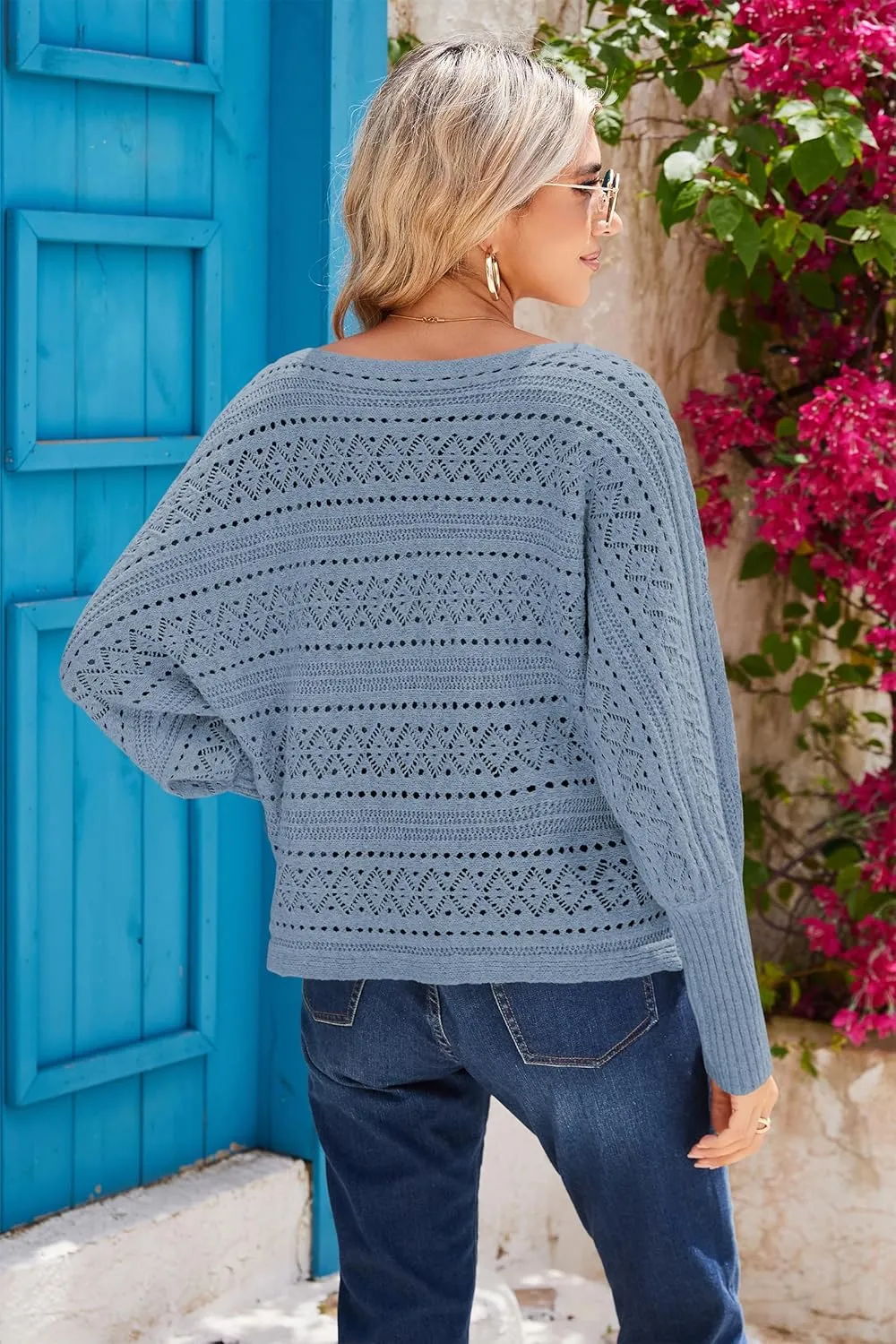 Cakulo Womens Off The Shoulder Sweater Top Fall 2025 Oversized Knit Batwing Long Sleeve Crochet Pullover Sweaters