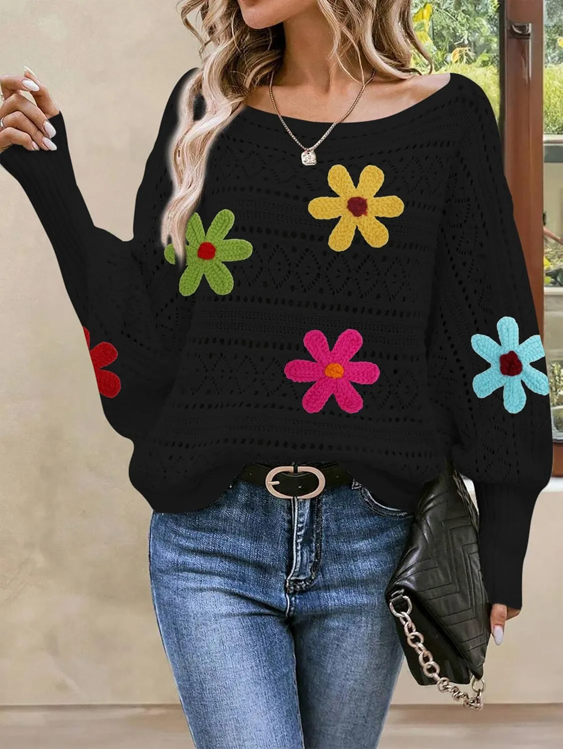 Cakulo Womens Off The Shoulder Sweater Top Fall 2025 Oversized Knit Batwing Long Sleeve Crochet Pullover Sweaters
