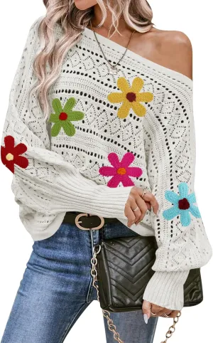 Cakulo Womens Off The Shoulder Sweater Top Fall 2025 Oversized Knit Batwing Long Sleeve Crochet Pullover Sweaters