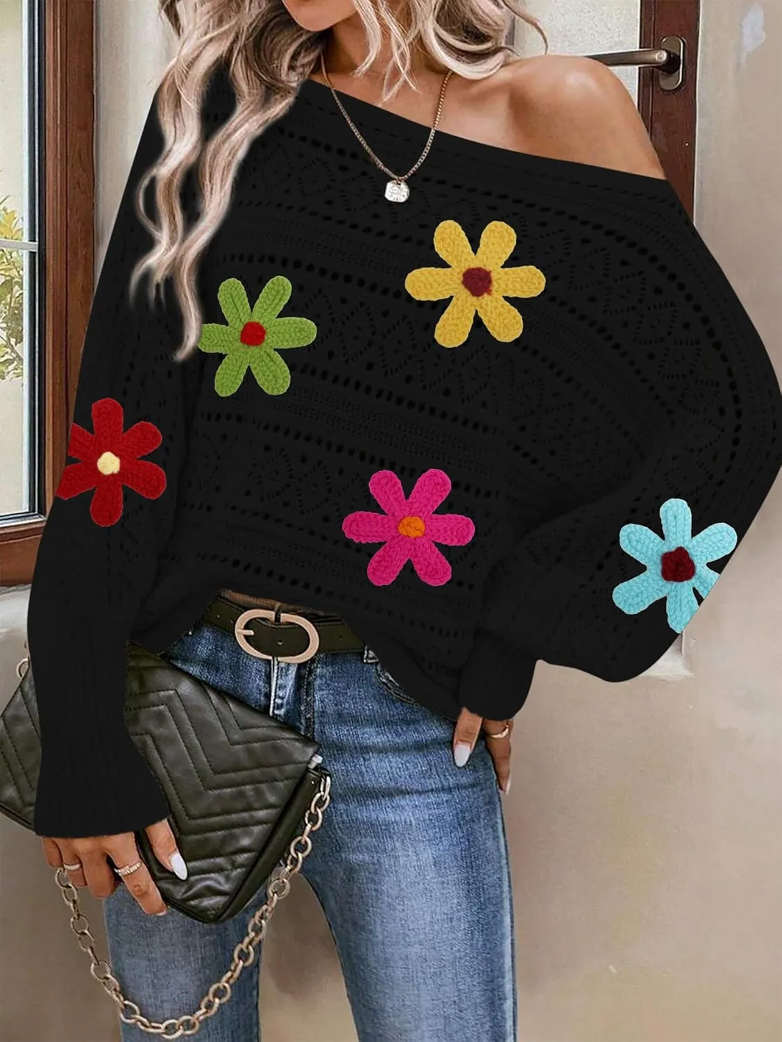 Cakulo Womens Off The Shoulder Sweater Top Fall 2025 Oversized Knit Batwing Long Sleeve Crochet Pullover Sweaters