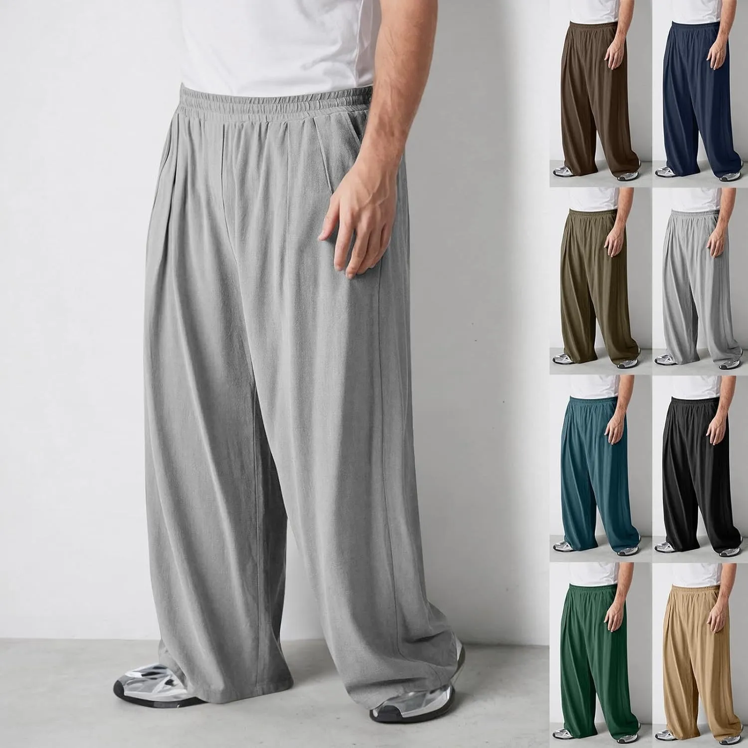 Cambkatl Wide Leg Pants for Men Casual Summer Cotton Linen Beach Yoga Trousers Elastic Waist Lightweight Loose Lounge Pants