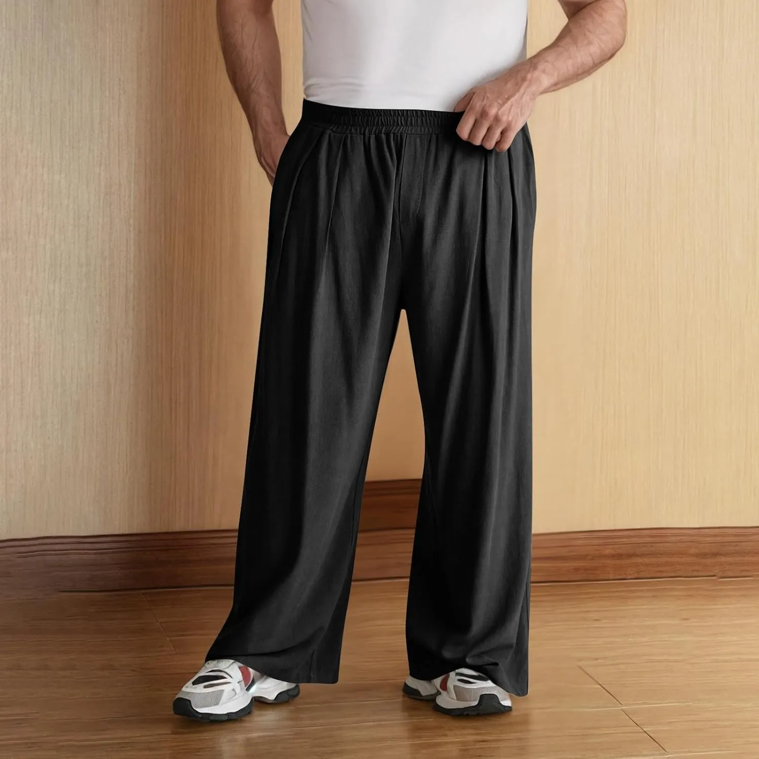 Cambkatl Wide Leg Pants for Men Casual Summer Cotton Linen Beach Yoga Trousers Elastic Waist Lightweight Loose Lounge Pants