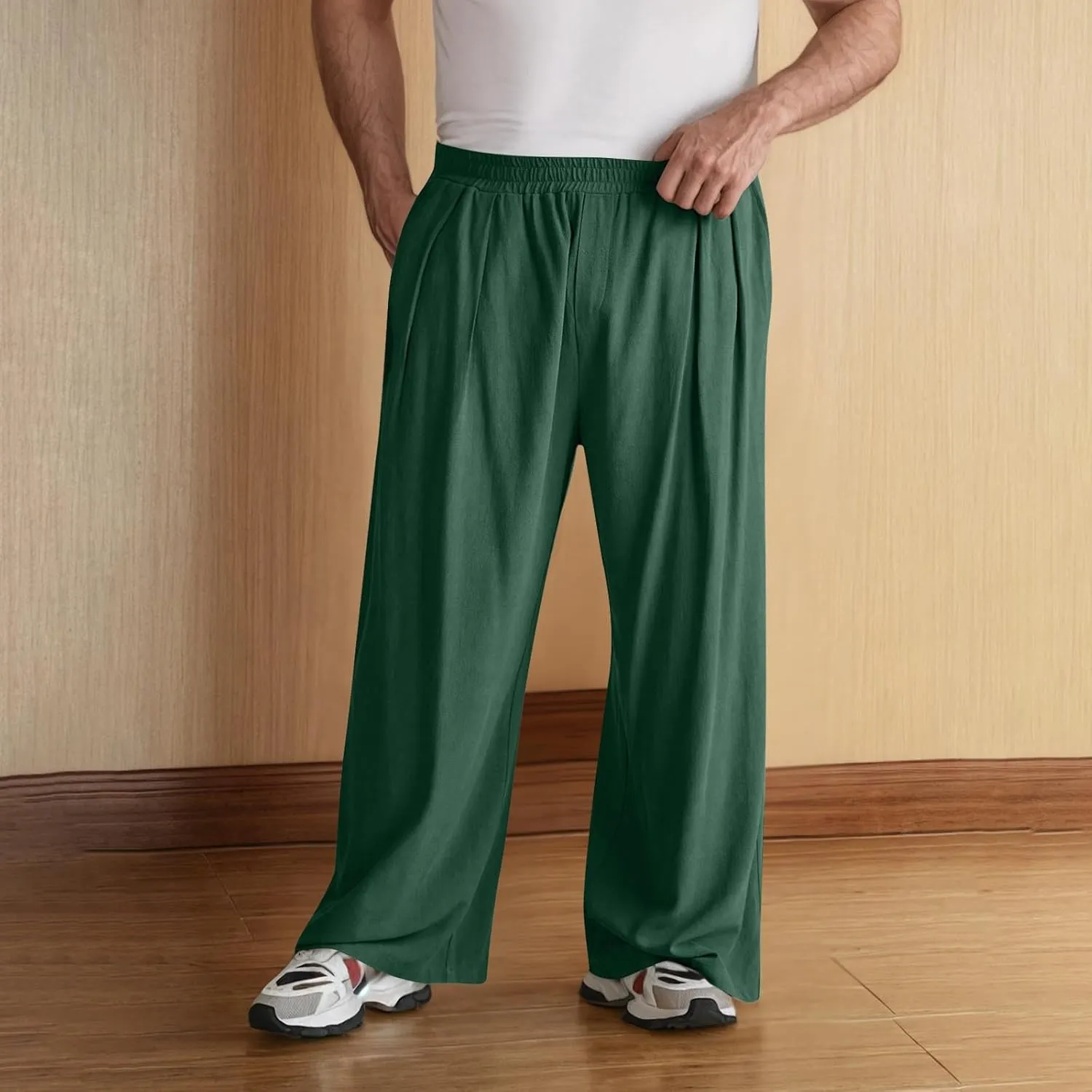 Cambkatl Wide Leg Pants for Men Casual Summer Cotton Linen Beach Yoga Trousers Elastic Waist Lightweight Loose Lounge Pants