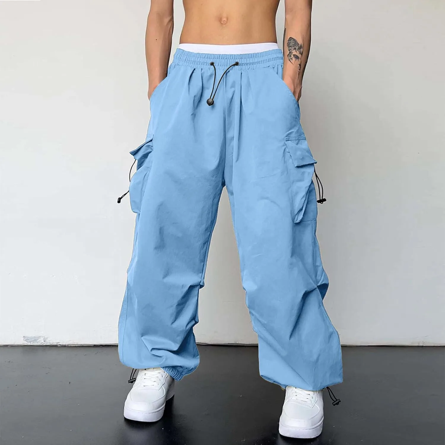 Cargo Pant for Men Casual Work Sweatpants Drawstring Waist Wide Leg Hiking Pants with Multiple Pockets