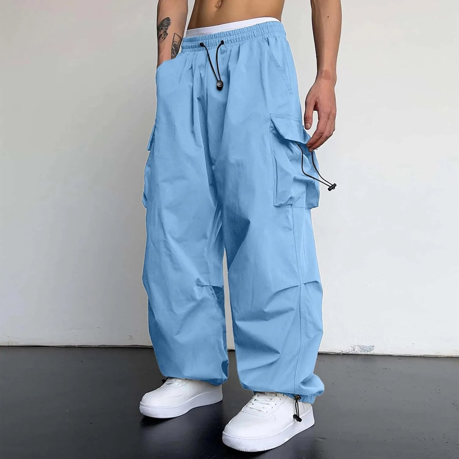 Cargo Pant for Men Casual Work Sweatpants Drawstring Waist Wide Leg Hiking Pants with Multiple Pockets