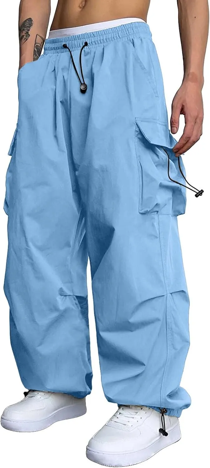 Cargo Pant for Men Casual Work Sweatpants Drawstring Waist Wide Leg Hiking Pants with Multiple Pockets