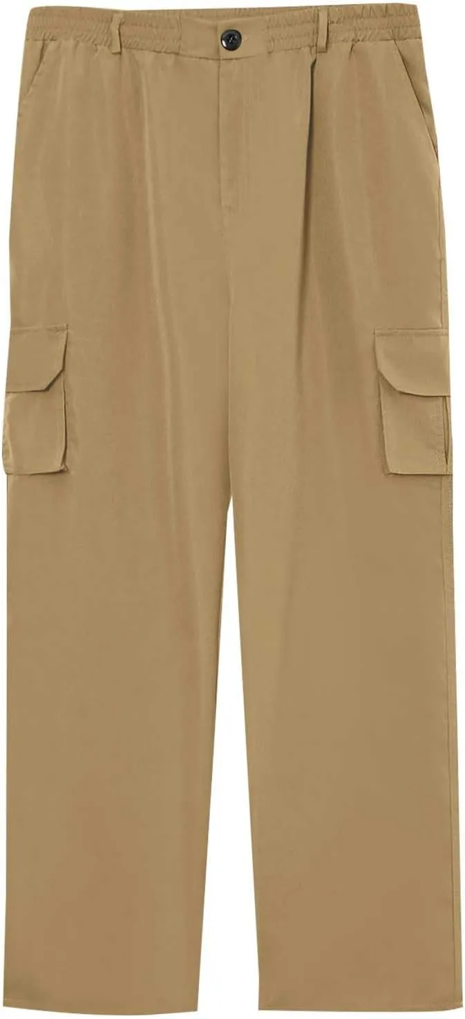 Cargo Pants for Men Casual Button Elastic Waist Chino Pants Relaxed Fit Carpenter Hiking Work Pants with Pockets