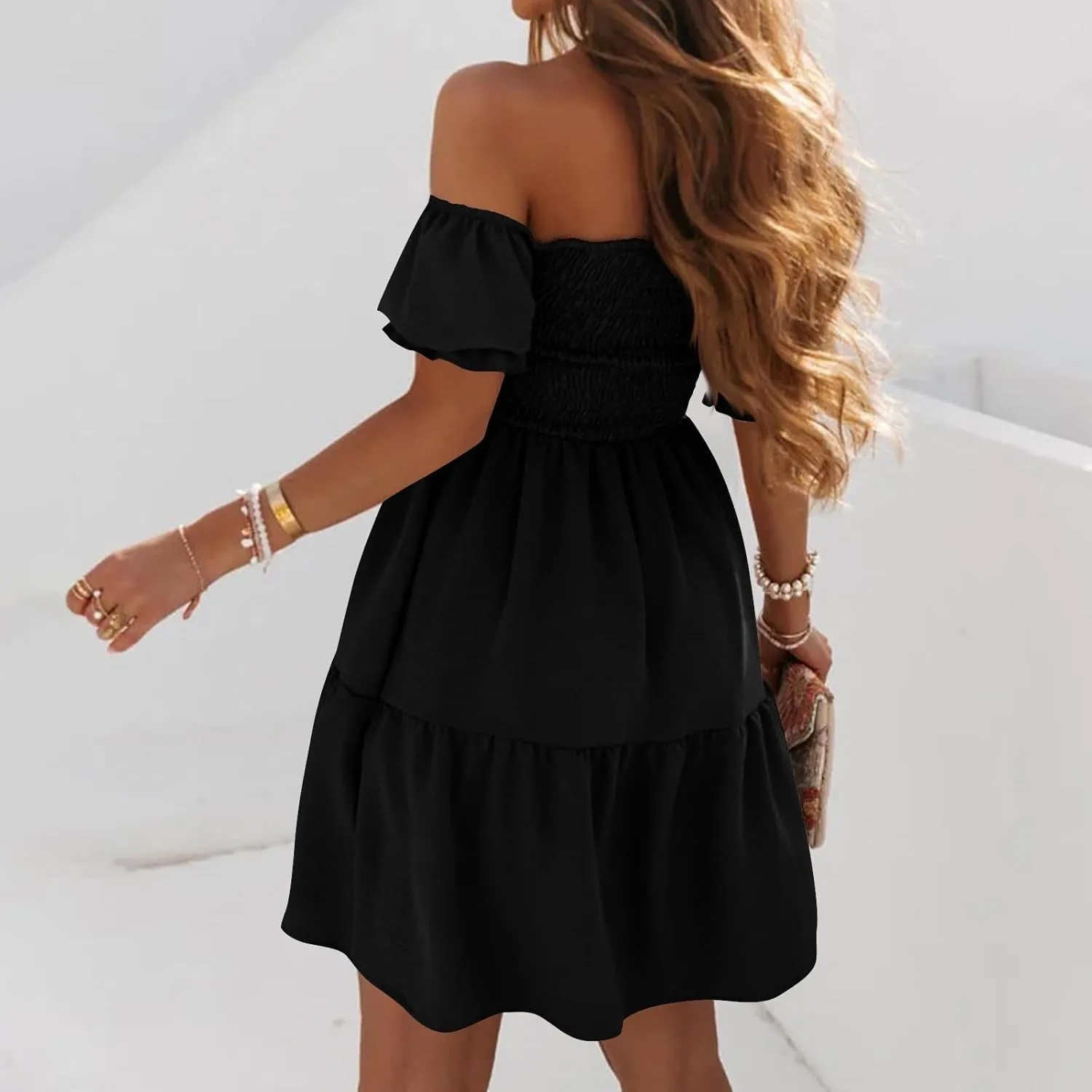 Casual Summer Dresses for Women, Off Shoulder Ruffle Hem Knee Length Swing Dress Flowy Short Sleeve Mini Dresses