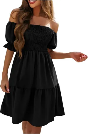Casual Summer Dresses for Women, Off Shoulder Ruffle Hem Knee Length Swing Dress Flowy Short Sleeve Mini Dresses