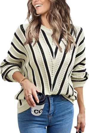 CCTOO Womens Striped Pullover Sweaters: Casual Color Block Crew Neck Long Sleeve Crochet Hollow Out Knit Sweater Tops