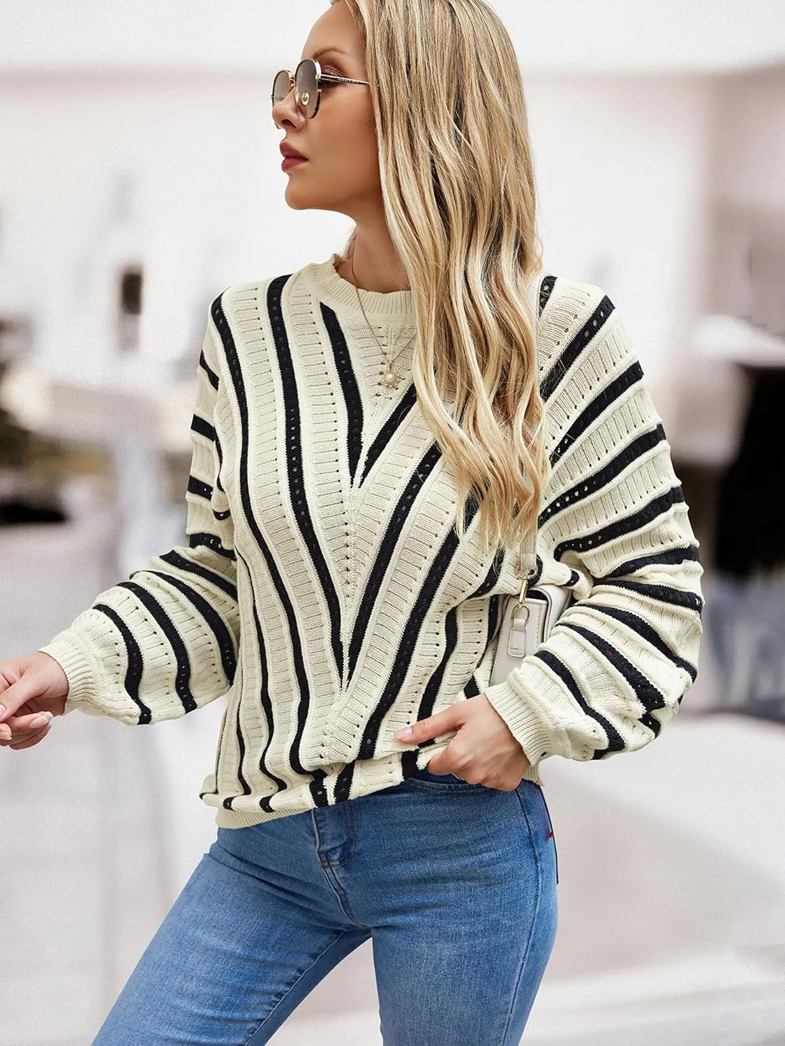 CCTOO Womens Striped Pullover Sweaters: Casual Color Block Crew Neck Long Sleeve Crochet Hollow Out Knit Sweater Tops