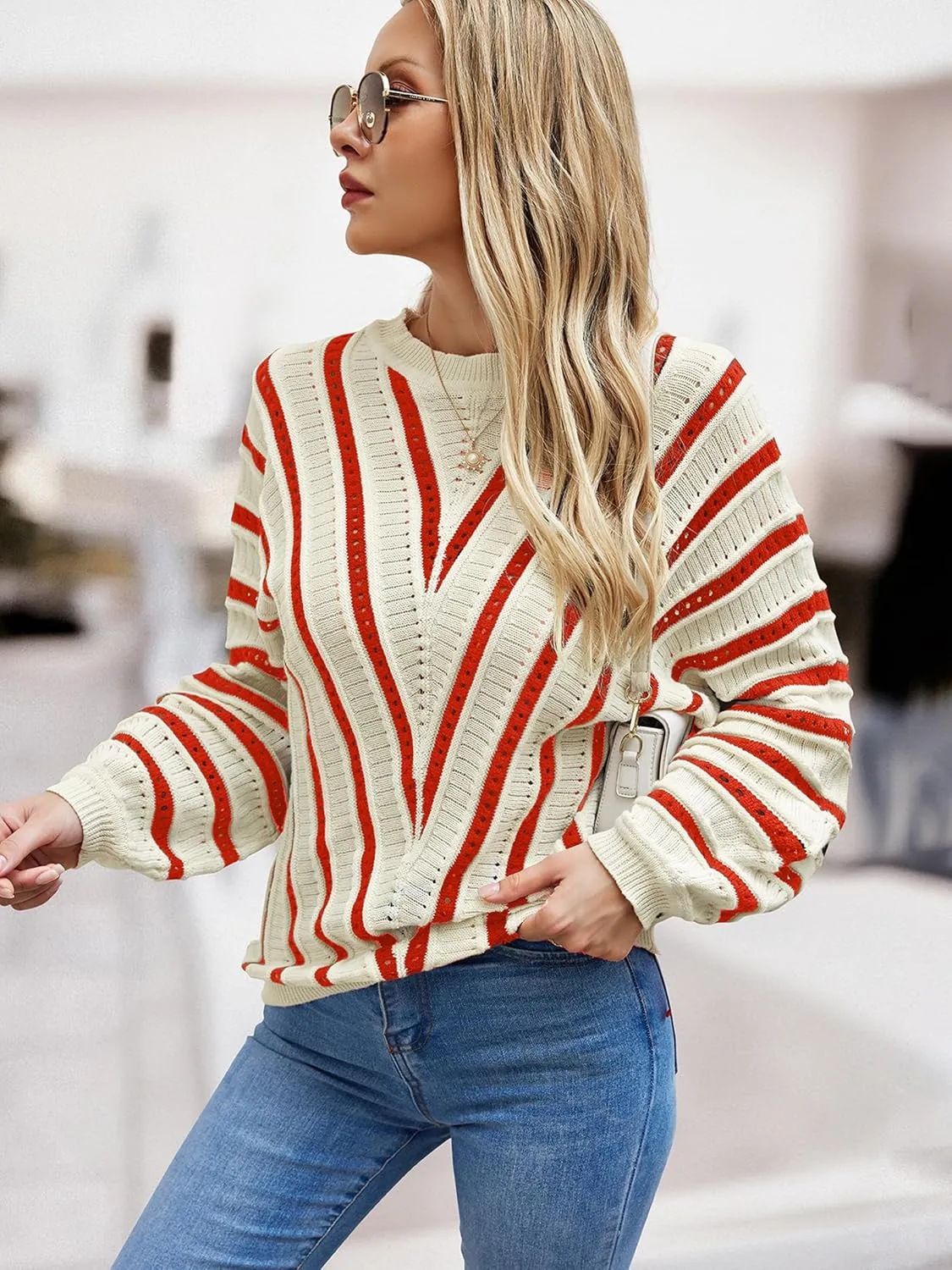CCTOO Womens Striped Pullover Sweaters: Casual Color Block Crew Neck Long Sleeve Crochet Hollow Out Knit Sweater Tops
