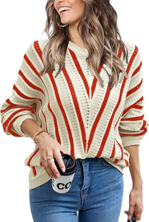 CCTOO Womens Striped Pullover Sweaters: Casual Color Block Crew Neck Long Sleeve Crochet Hollow Out Knit Sweater Tops