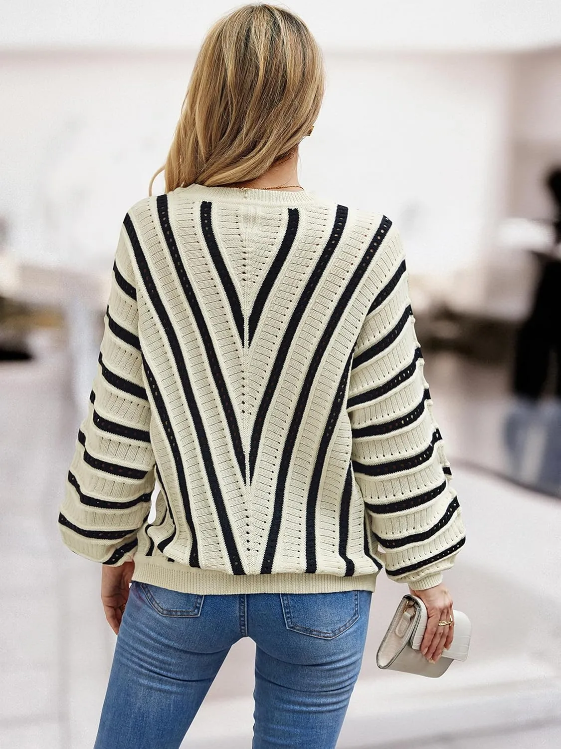 CCTOO Womens Striped Pullover Sweaters: Casual Color Block Crew Neck Long Sleeve Crochet Hollow Out Knit Sweater Tops