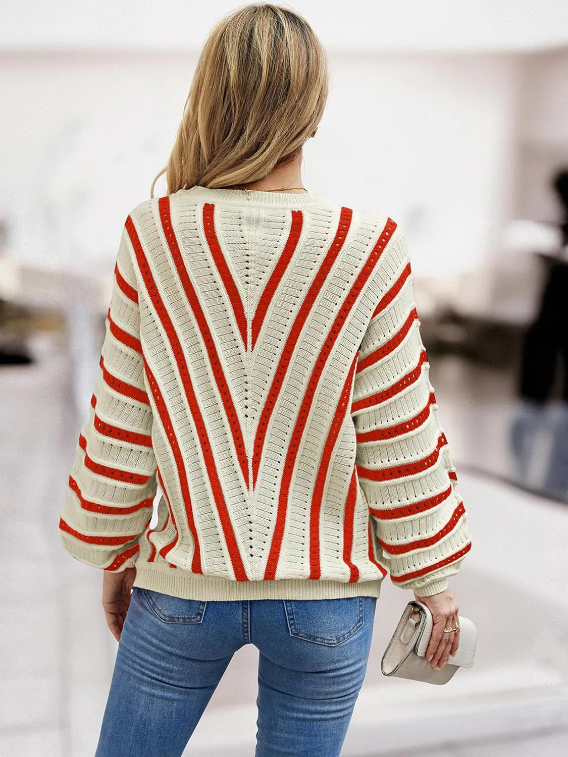 CCTOO Womens Striped Pullover Sweaters: Casual Color Block Crew Neck Long Sleeve Crochet Hollow Out Knit Sweater Tops