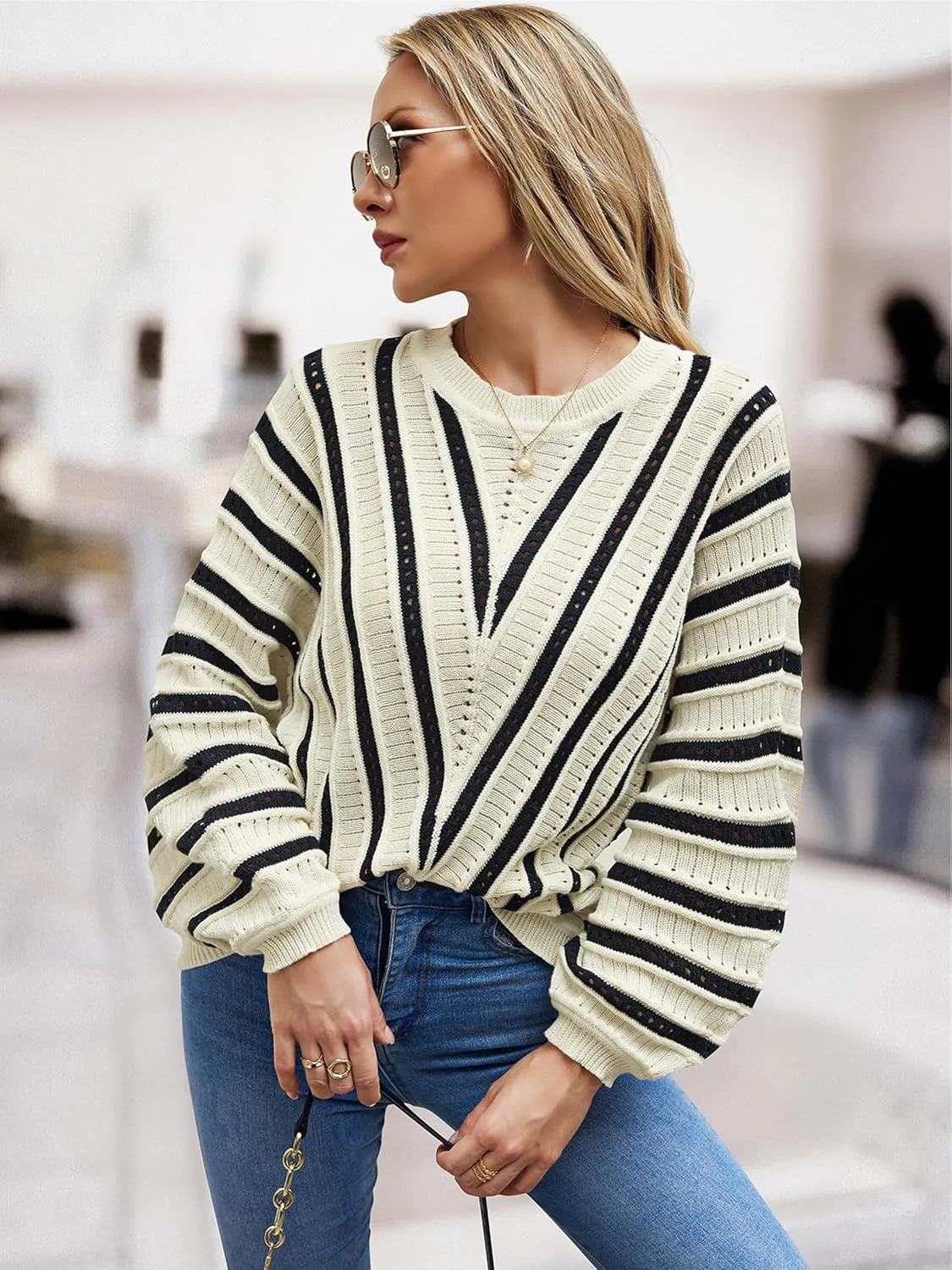 CCTOO Womens Striped Pullover Sweaters: Casual Color Block Crew Neck Long Sleeve Crochet Hollow Out Knit Sweater Tops