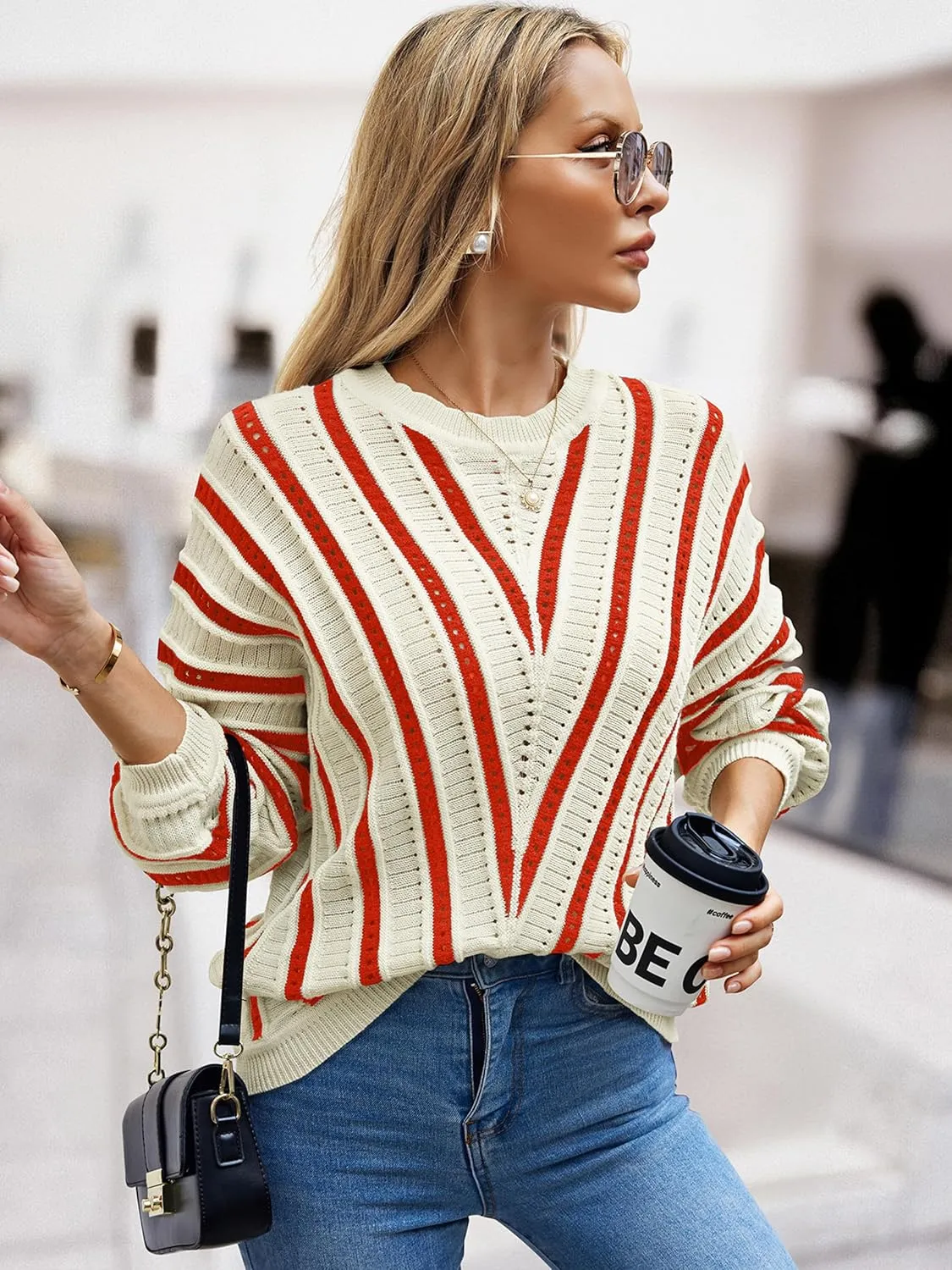 CCTOO Womens Striped Pullover Sweaters: Casual Color Block Crew Neck Long Sleeve Crochet Hollow Out Knit Sweater Tops