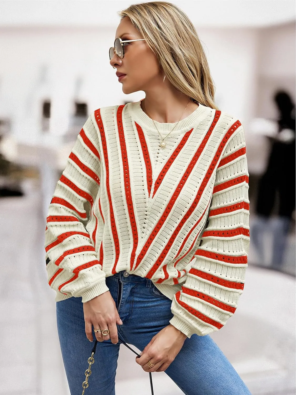 CCTOO Womens Striped Pullover Sweaters: Casual Color Block Crew Neck Long Sleeve Crochet Hollow Out Knit Sweater Tops