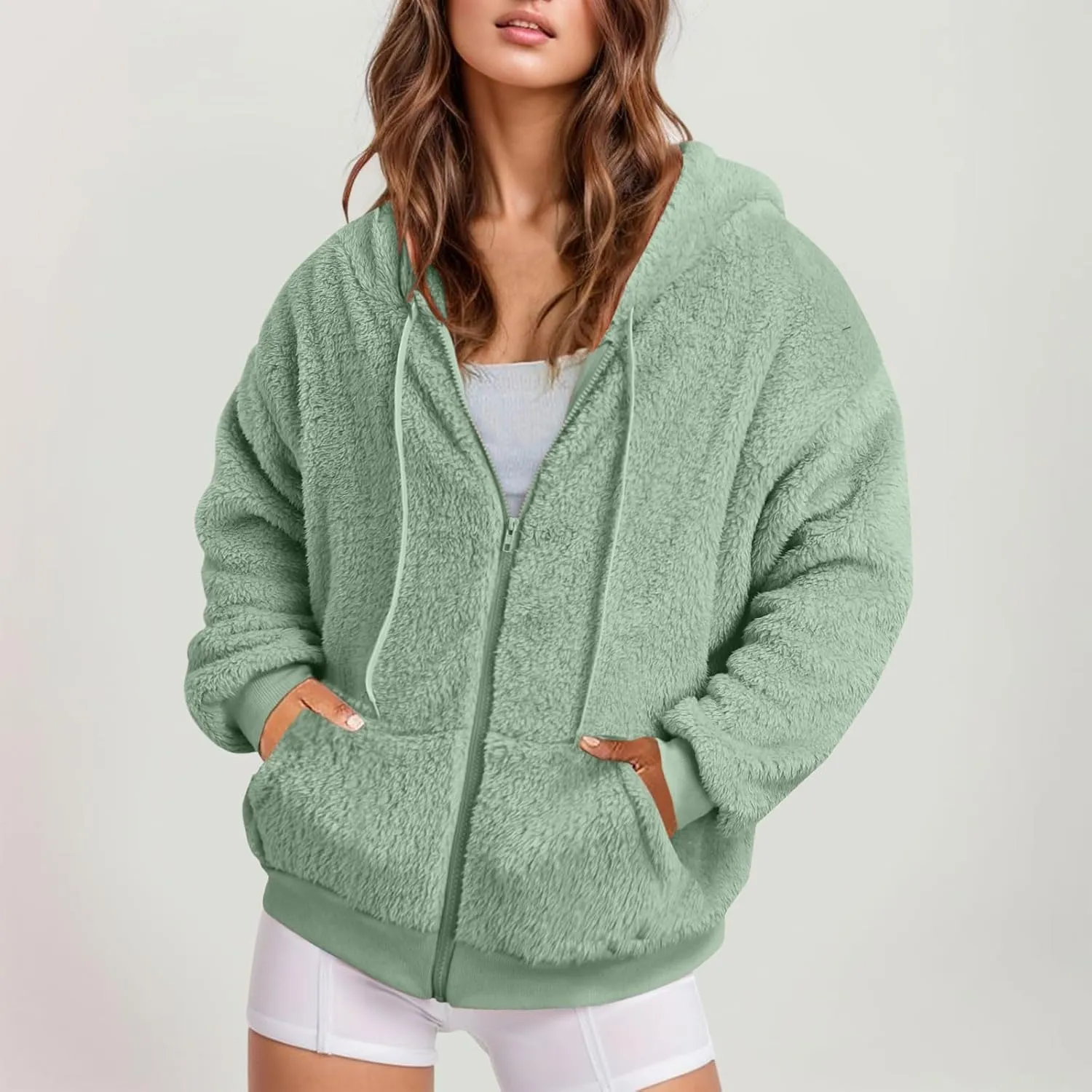 Ceboyel Women 2023 Fleece Oversized Jacket Long Sleeve Casual Fall Hoodie Full Zip Up Sweatshirt Winter Coats Outerwear