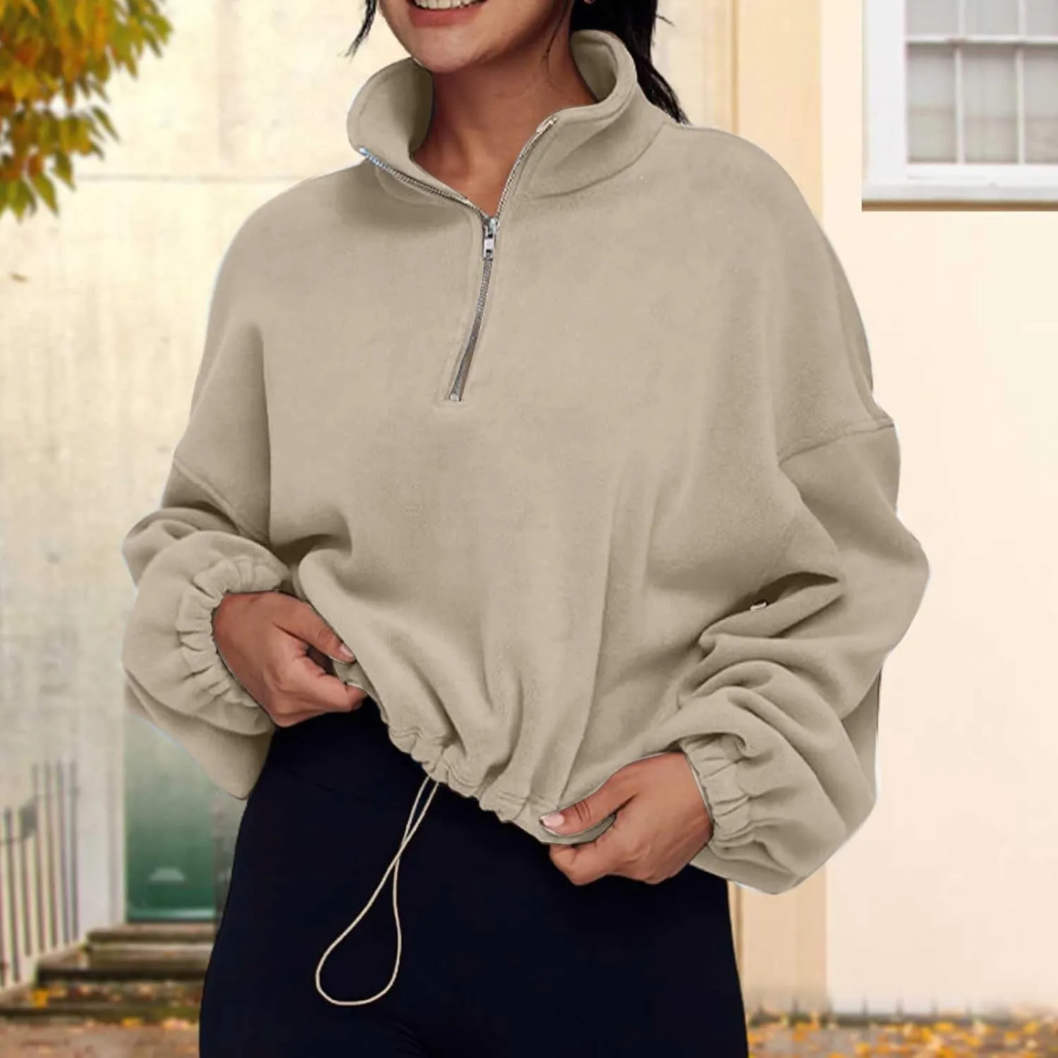 Ceboyel Womens Oversized Sweatshirt 2023 Half Zip Pullover Sweaters Drawstring Cropped Hoodie Trendy Y2K Teen Girls Clothes