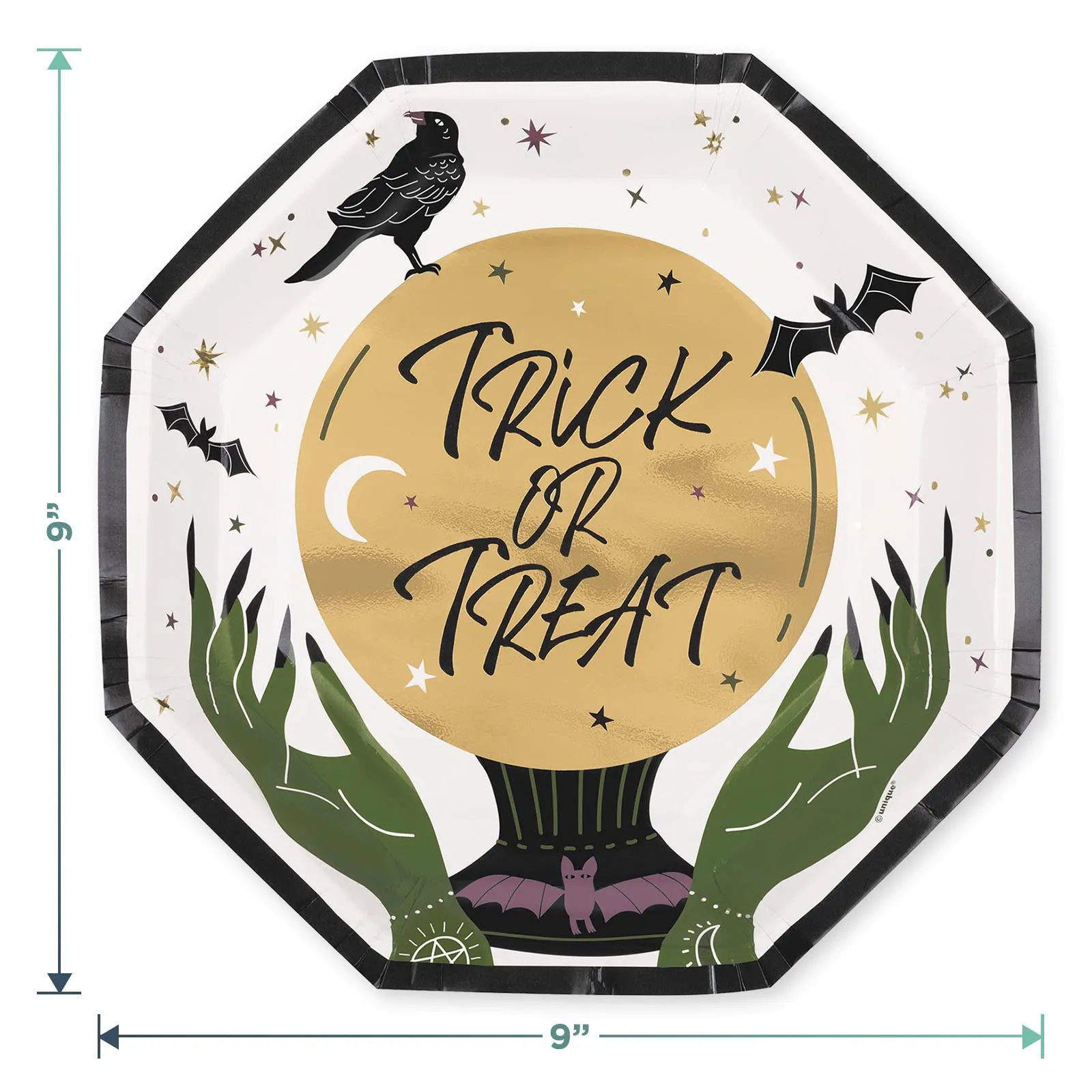 Celestial Halloween Crystal Ball Metallic Paper Dinner Plates and Crow Shaped Napkins (Serves 16)