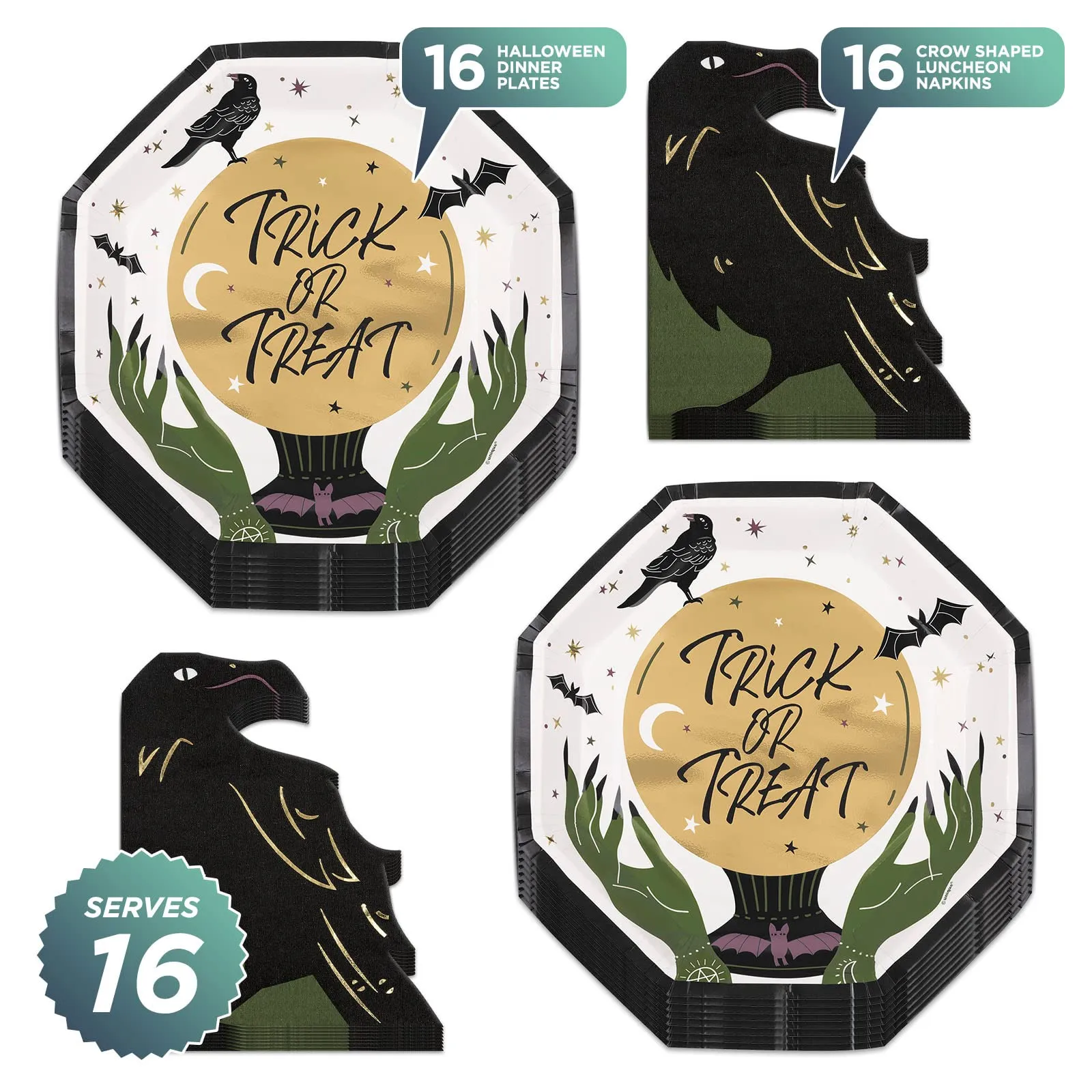 Celestial Halloween Crystal Ball Metallic Paper Dinner Plates and Crow Shaped Napkins (Serves 16)