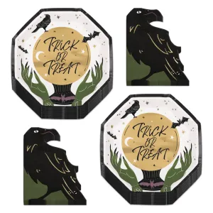 Celestial Halloween Crystal Ball Metallic Paper Dinner Plates and Crow Shaped Napkins (Serves 16)