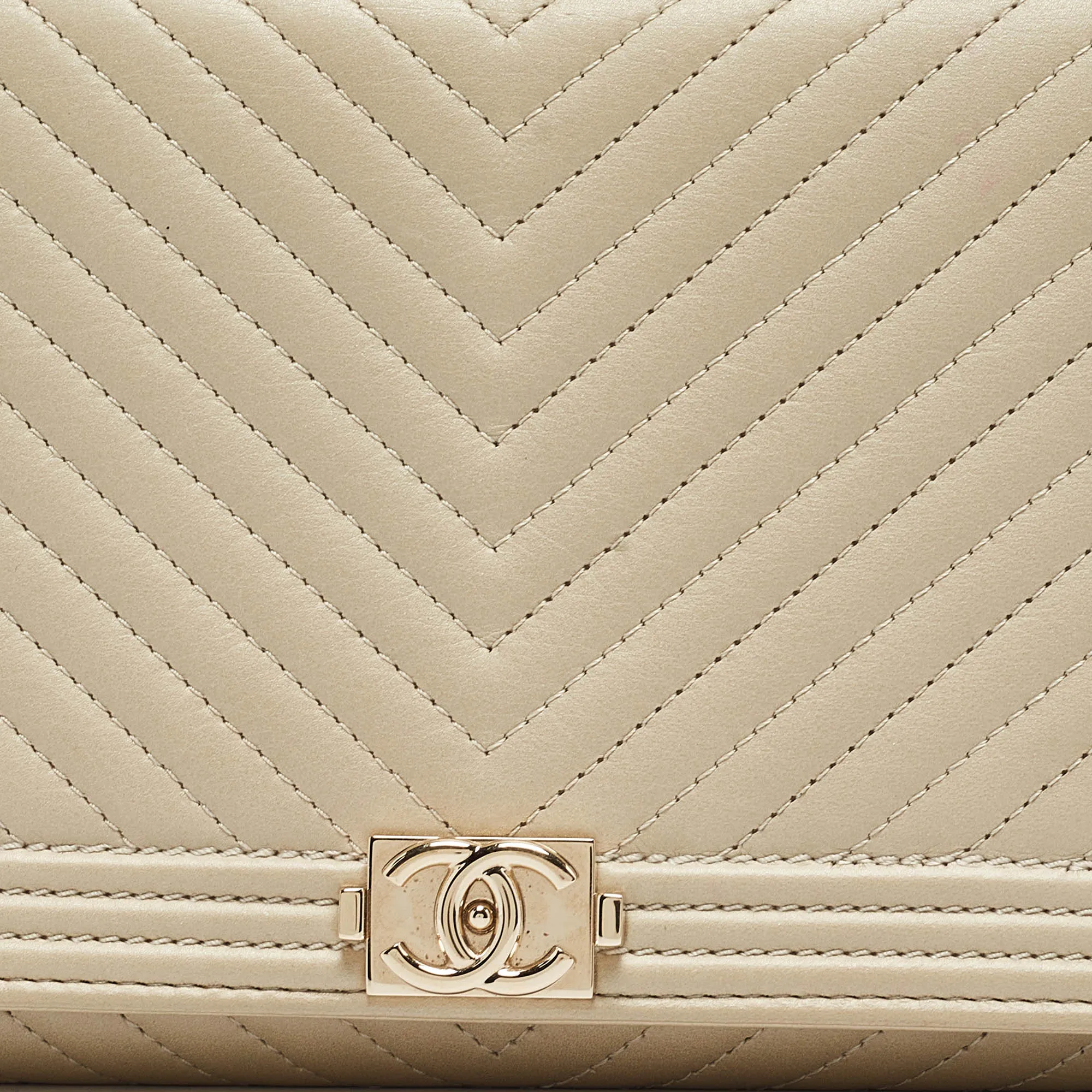 CHANEL Cream Quilted Leather Boy Wallet On Chain
