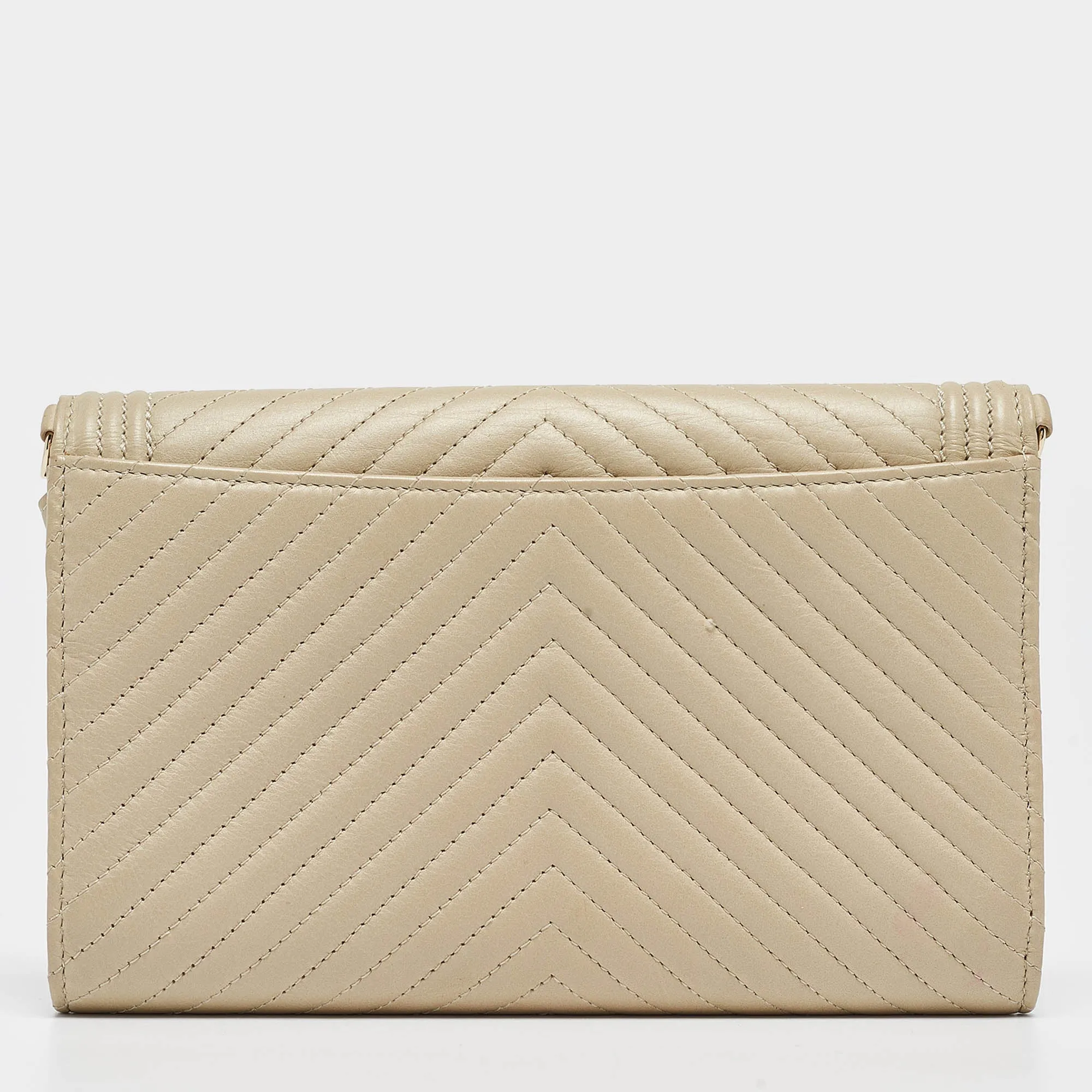 CHANEL Cream Quilted Leather Boy Wallet On Chain