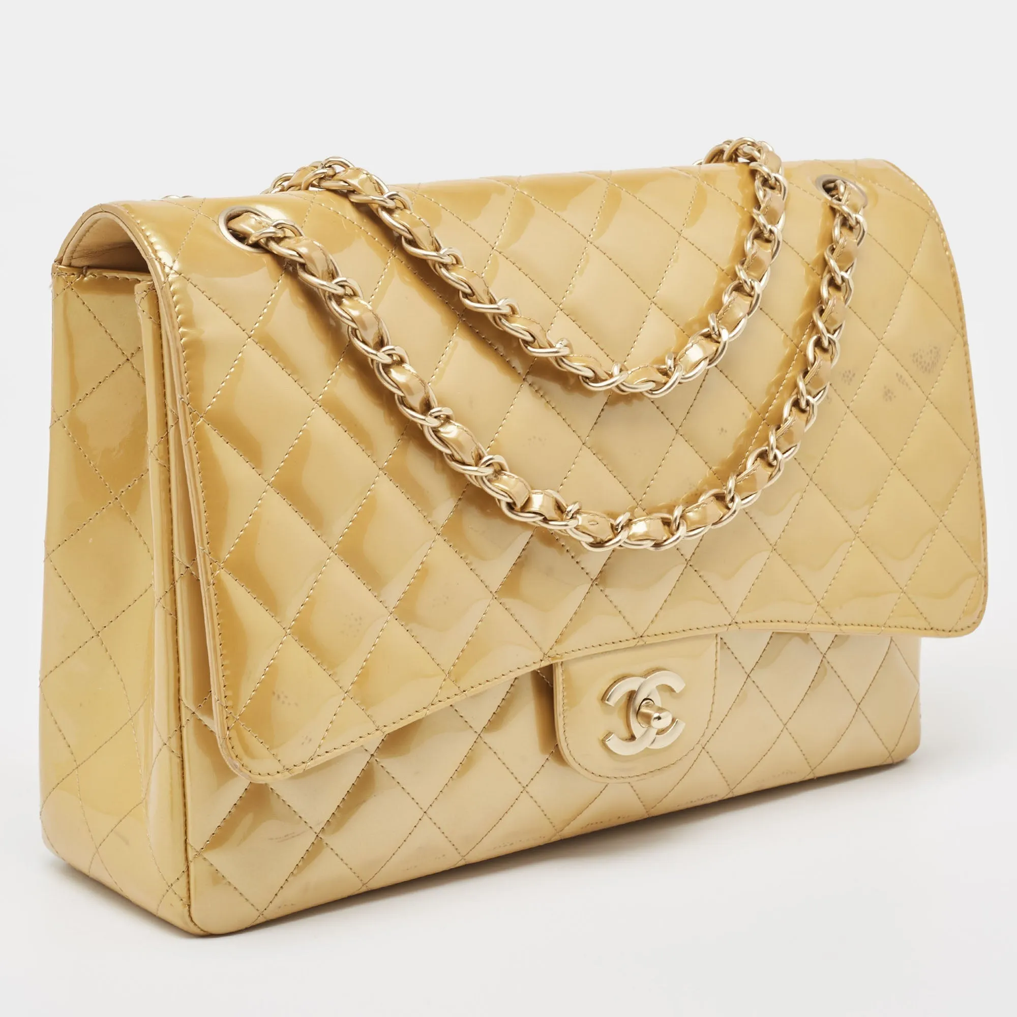 CHANEL Cream Quilted Patent Leather Maxi Classic Single Flap Bag