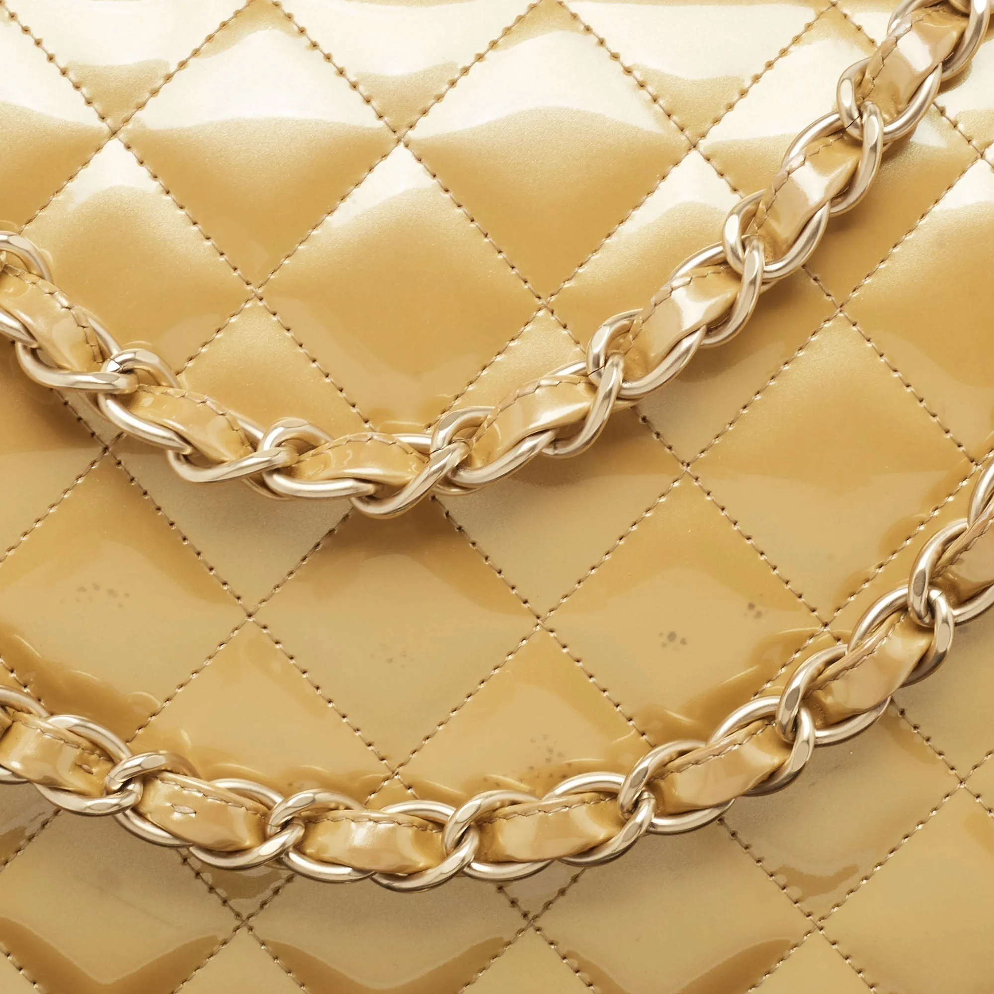 CHANEL Cream Quilted Patent Leather Maxi Classic Single Flap Bag