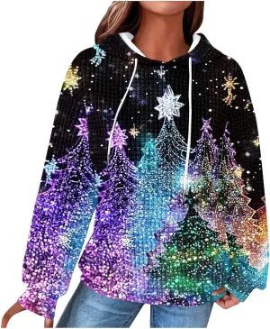 Christmas Hoodies for Women Glitter Xmas Tree Graphic Long Sleeve Sweatshirts Oversized Casual Funny Holiday Pullover